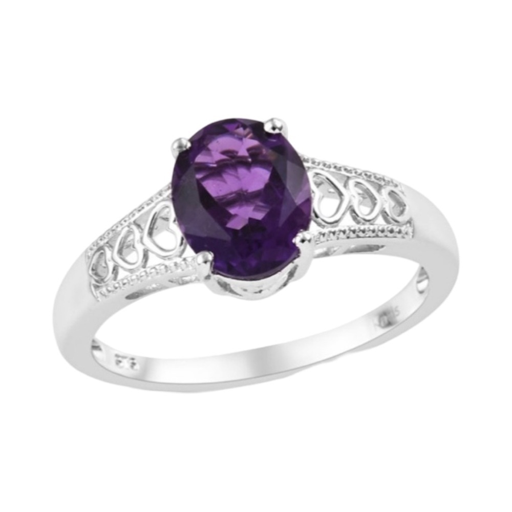 Genuine Amethyst Women’s Silver Platinum Bond Brass Ring Feburary Birthstone